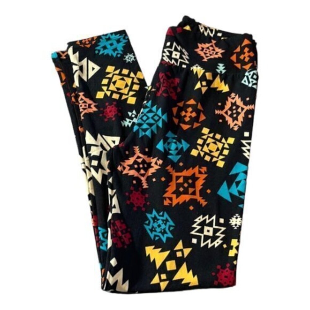 Lularoe Black Shapes Aztec Colorful Leggings Size O/S EUC #2767